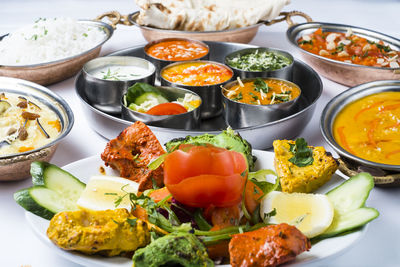 High angle view of food served on table