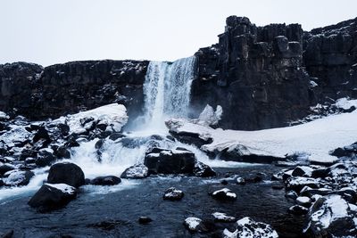 Scenic view of waterfall against clear sky