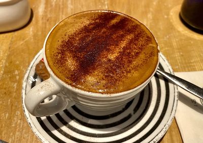 High angle view of coffee on table