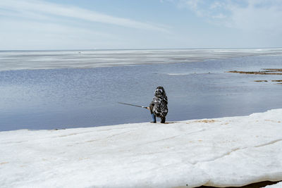 Cute little caucasian boy holding a fishing rod looking into distance on sea side on spring day