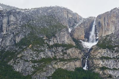 Scenic view of waterfall on mountain against sky