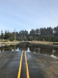 Flood water on road by trees against sky