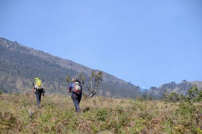 Rear view of people on mountain against clear blue sky