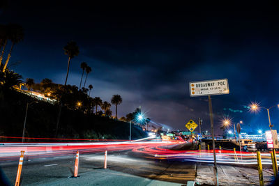 Light trails on road at night