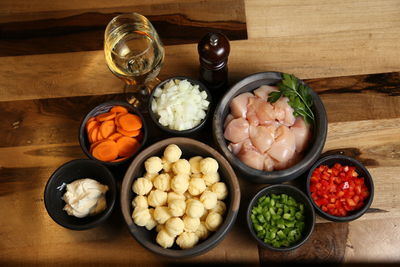 High angle view of chopped vegetables on table