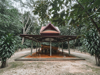 Gazebo in park against trees in forest