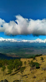 Scenic view of landscape and sea against sky