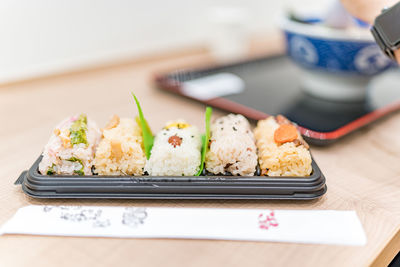 Close-up of sushi in plate on table