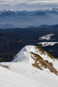 Scenic view of snow covered mountains against sky