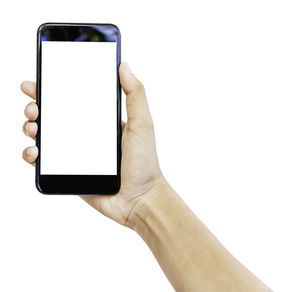 Low angle view of hand using smart phone against white background