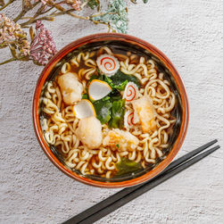 High angle view of soup in bowl