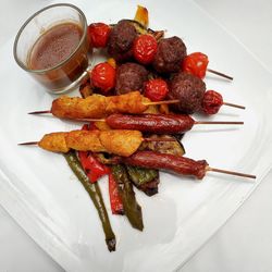 High angle view of food served on table