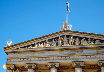 Low angle view of historical building against clear blue sky