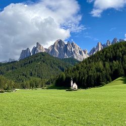 Scenic view of field and mountains against sky