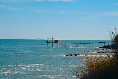 Scenic view of sea against clear blue sky