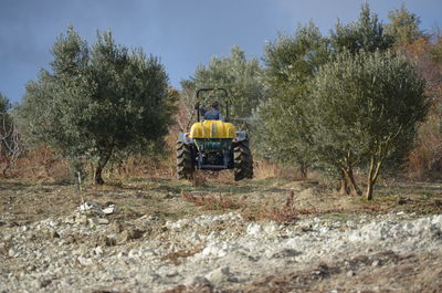 Tractor on field against trees