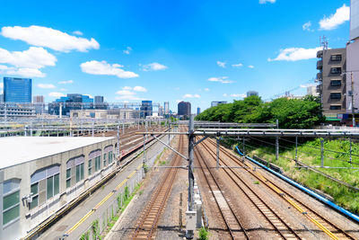 High angle view of railroad tracks amidst buildings in city