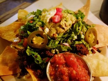 High angle view of salad in plate on table