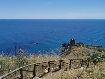 High angle view of sea against blue sky