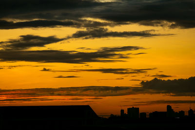 Silhouette buildings against dramatic sky during sunset