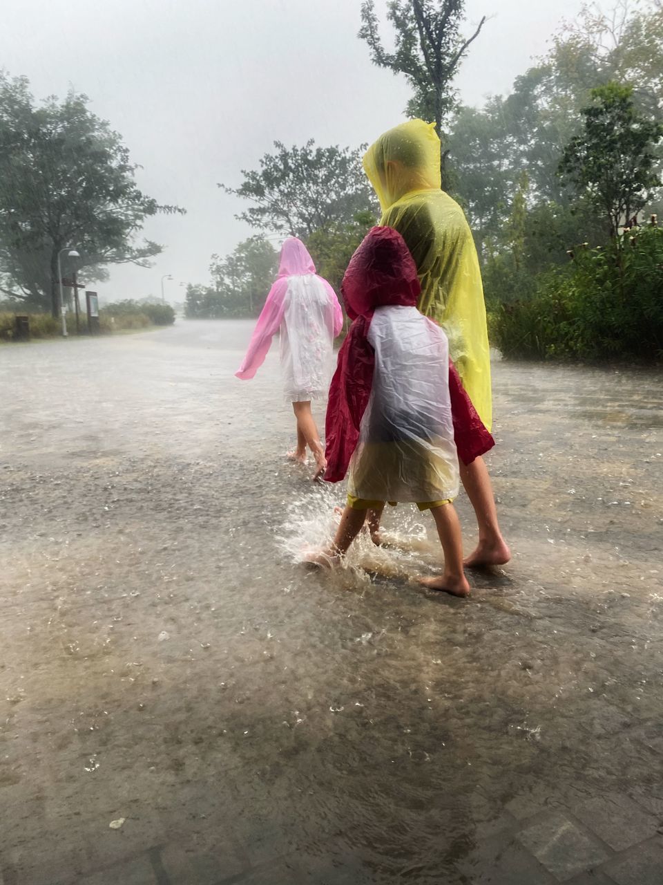 REAR VIEW OF WOMEN WALKING ON ROAD DURING RAINY SEASON