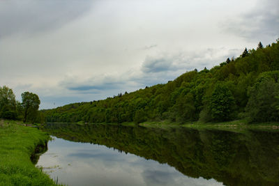 Scenic view of lake by trees against sky