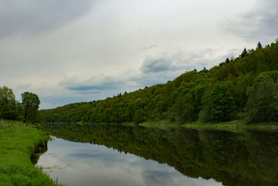 Scenic view of lake by trees against sky