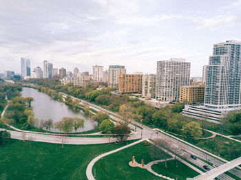 High angle view of cityscape against sky