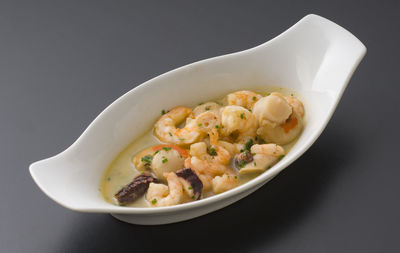 High angle view of noodles in bowl on table