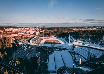 High angle view of city during winter