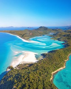 Scenic view of sea against clear blue sky