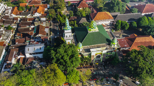 High angle view of trees and buildings mosque in city