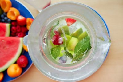 High angle view of fruits in bowl on table