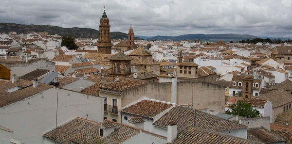 High angle view of buildings in town