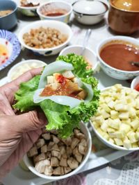 High angle view of salad in bowl on table