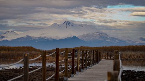 Scenic view of snowcapped mountains against sky