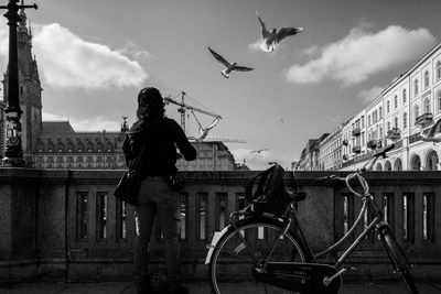 Rear view of man standing by railing and bicycle with seagulls flying in city