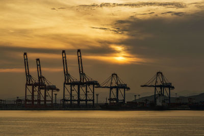 Cranes at commercial dock against sky during sunset