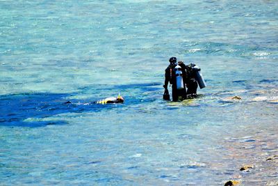 Men swimming in sea
