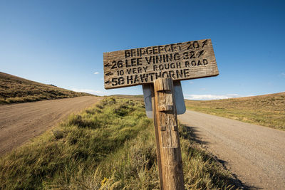 Road sign on field against clear blue sky