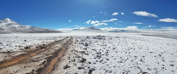 Scenic view of snowcapped mountains against sky