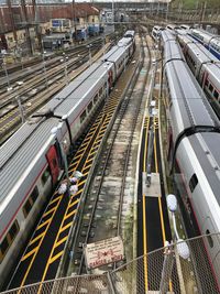 High angle view of trains on railroad tracks in city