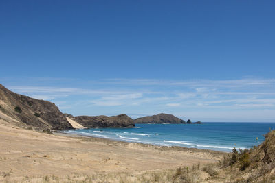 Scenic view of beach against blue sky