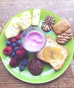 High angle view of breakfast on table