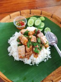 High angle view of food served in plate