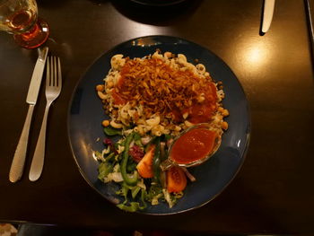 High angle view of meal served on table