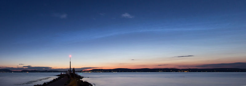 Panoramic view of sea against blue sky at sunset