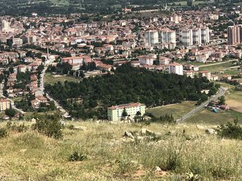 High angle view of buildings in city