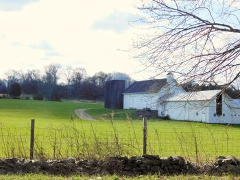 Scenic view of field by houses against sky