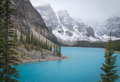 Scenic view of lake and mountains against sky